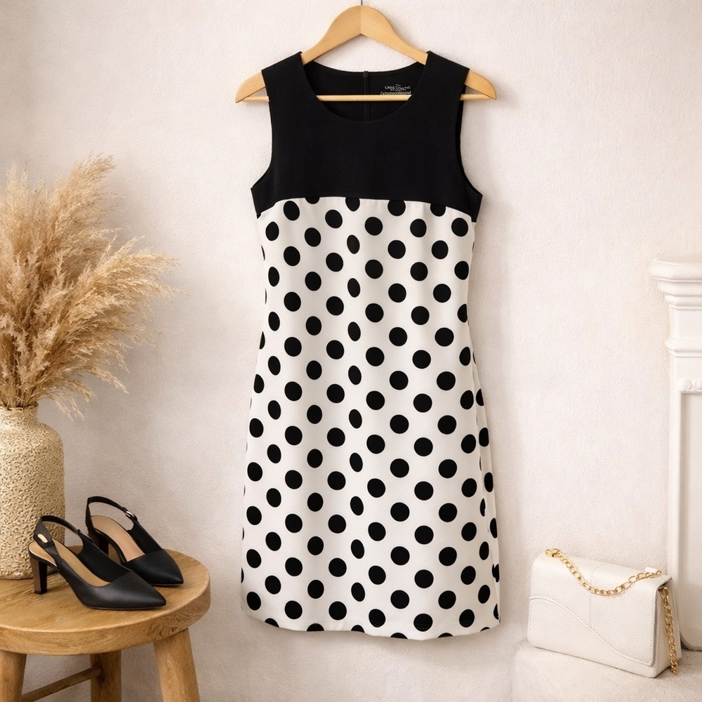 Linea Domani Polka Dot Dress  Sleeveless Shift Size 8 Classic Chic 19ptp
